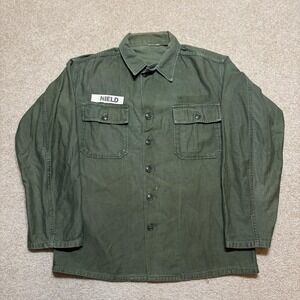 Vtg US Army OG-107 Shirt Large Sateen Green Cotton Vietnam 60s Military SEE BACK